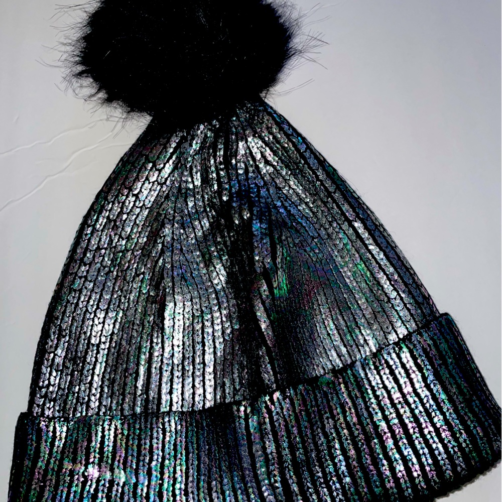 Black pom pom beanie hat iridescent